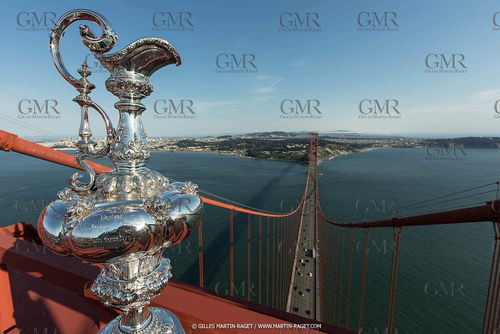 03 07 2013 - San Francisco (USA, CA) - 34th America's Cup - The America's Cup Trophy at the top of Golden Gate Bridge