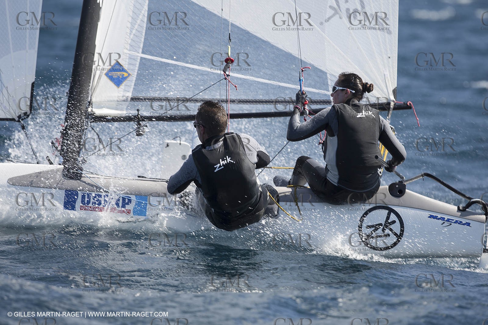 26 03 2013 - Marseille (FRA,13) - Ingrid Petitjean et Olivier backes training on their Nacra 17 in breezy conditions