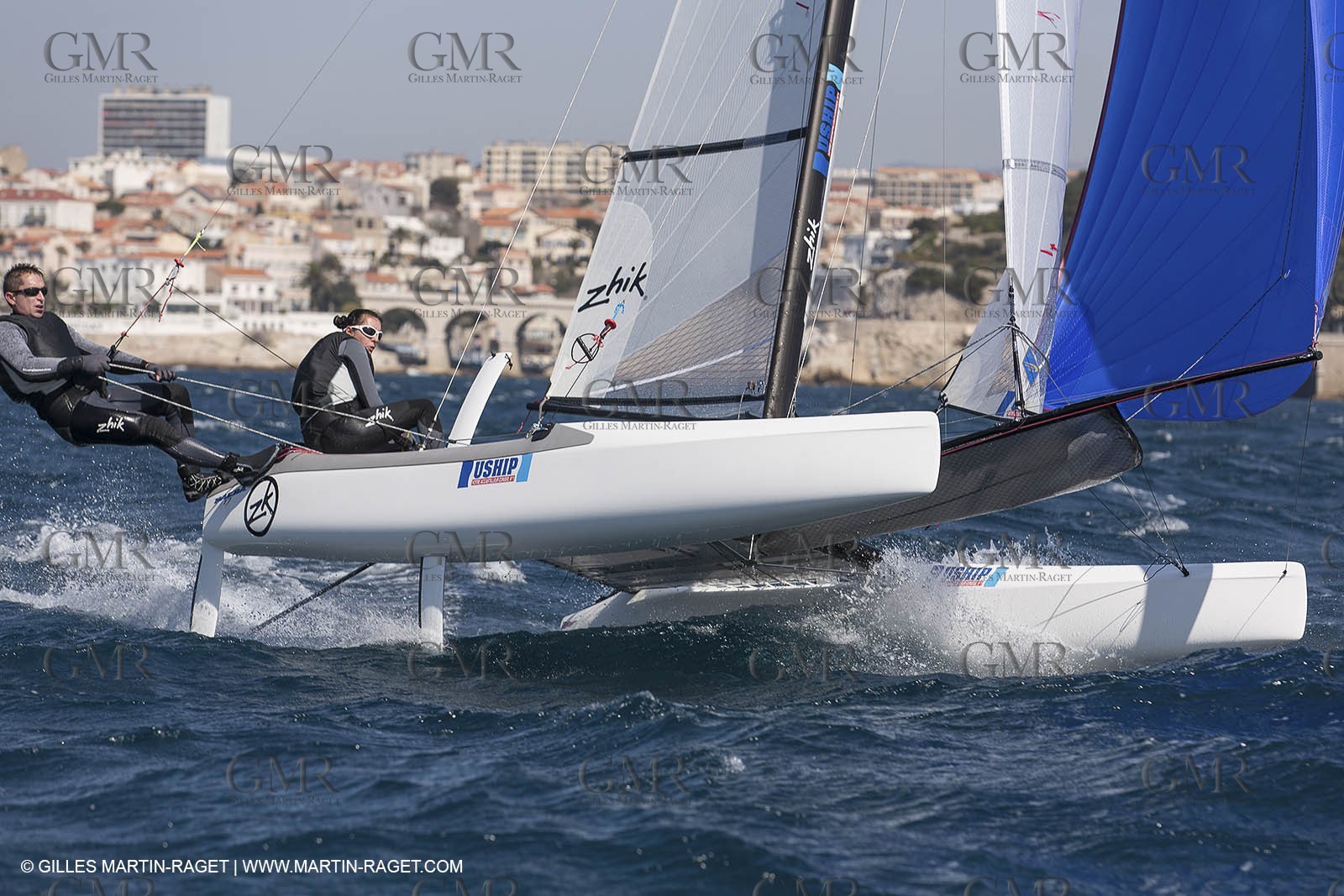 26 03 2013 - Marseille (FRA,13) - Ingrid Petitjean et Olivier backes training on their Nacra 17 in breezy conditions