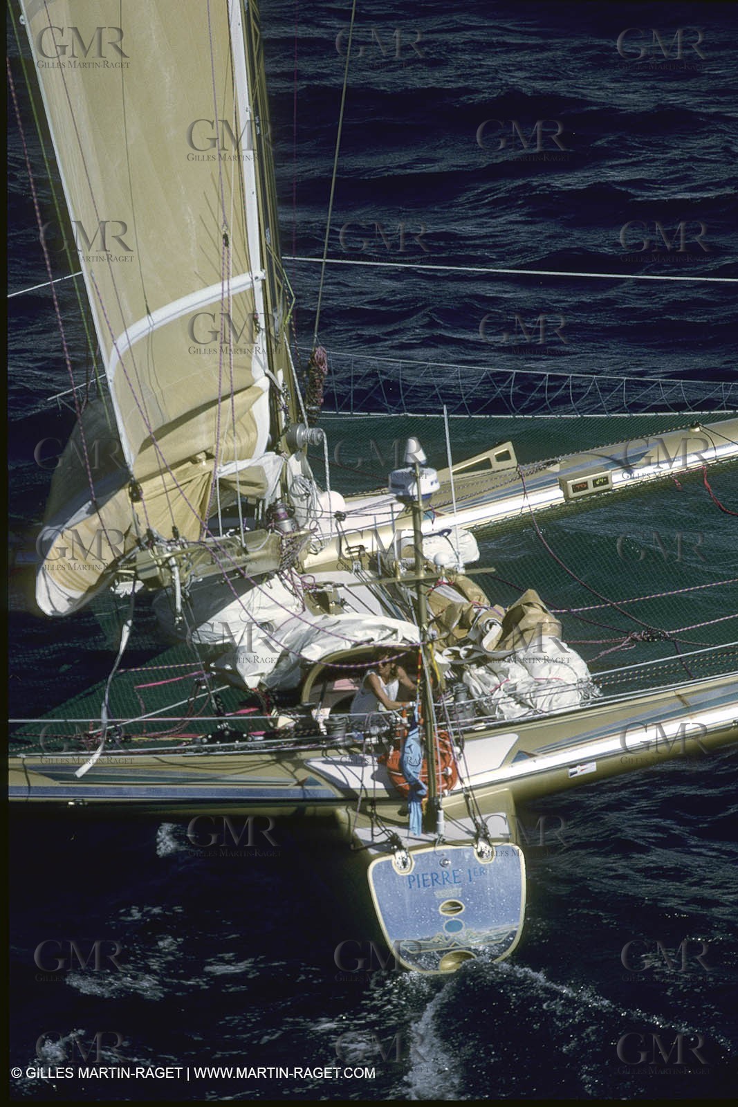 Florence Arthaud winner of the 1900 Route du Rhum on her boat Groupe Pierre 1er