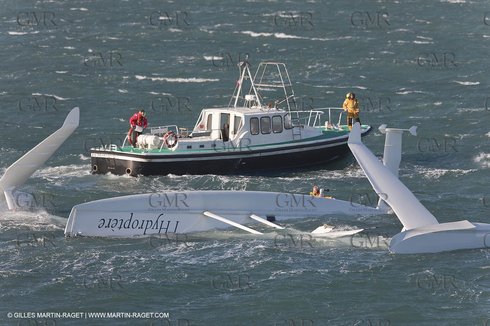 21 12 2008 - Port Saint Louis du Rhône (South of France) - The Hydroptere just after its capsize when trying to beat the overall sailing speed record