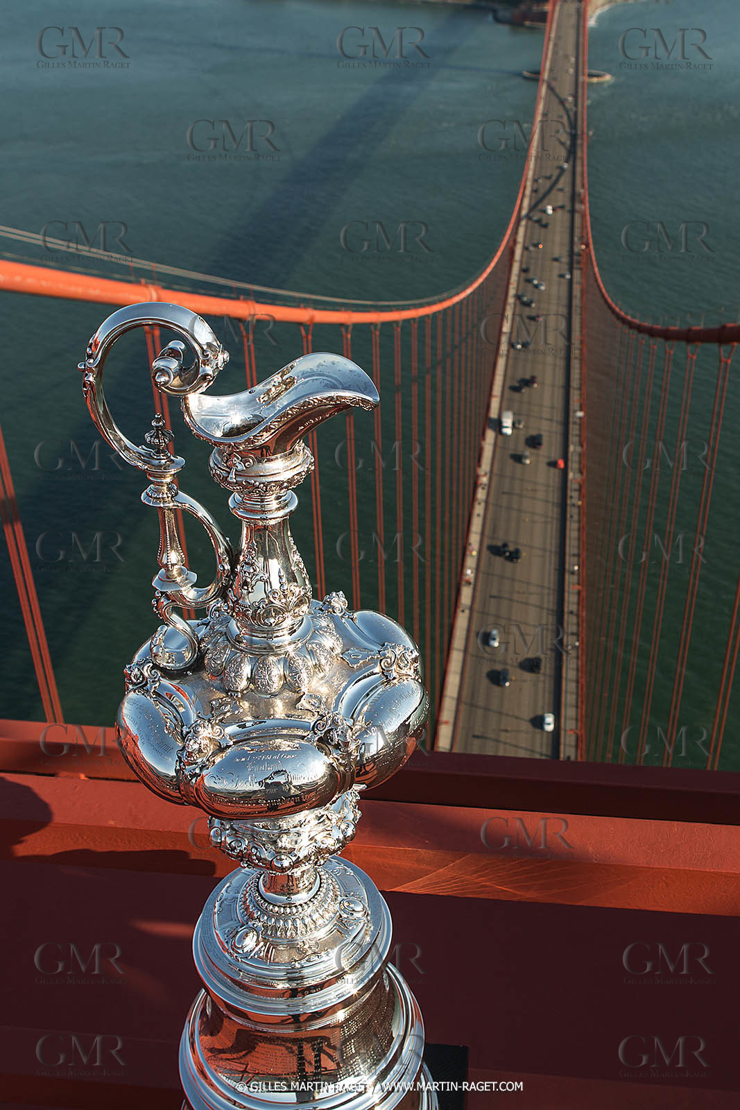 03 07 2013 - San Francisco (USA, CA) - 34th America's Cup - The America's Cup Trophy at the top of Golden Gate Bridge