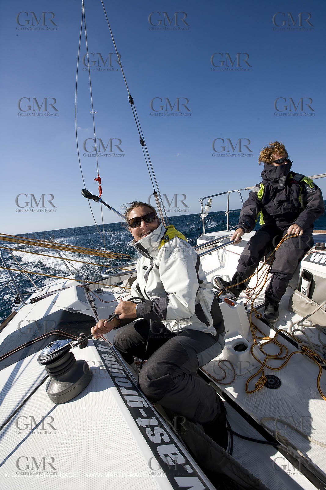 28 09 2007 - Marseille (FRA, 13) - Aigle Marine weather clothing showed in action by salors Marc Emig et Luce Molinier