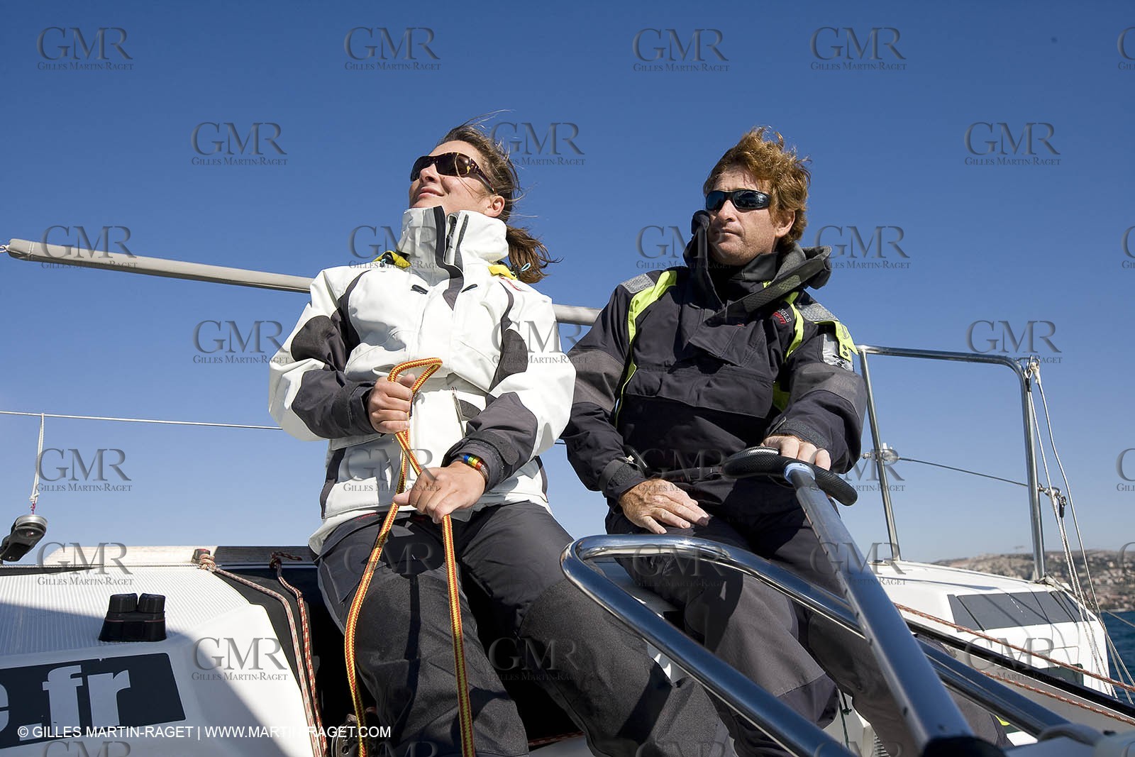 28 09 2007 - Marseille (FRA, 13) - Aigle Marine weather clothing showed in action by salors Marc Emig et Luce Molinier