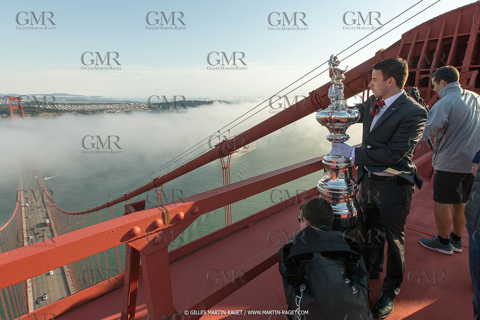 03 07 2013 - San Francisco (USA, CA) - 34th America's Cup - The America's Cup Trophy at the top of Golden Gate Bridge