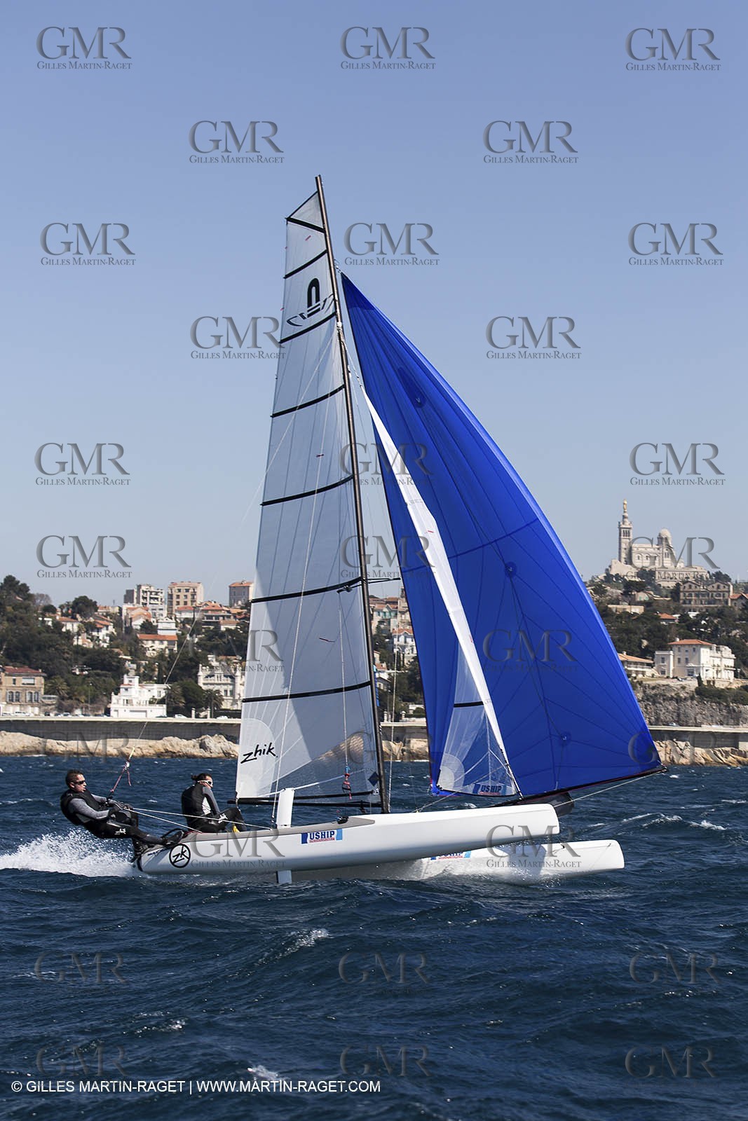 26 03 2013 - Marseille (FRA,13) - Ingrid Petitjean et Olivier backes training on their Nacra 17 in breezy conditions
