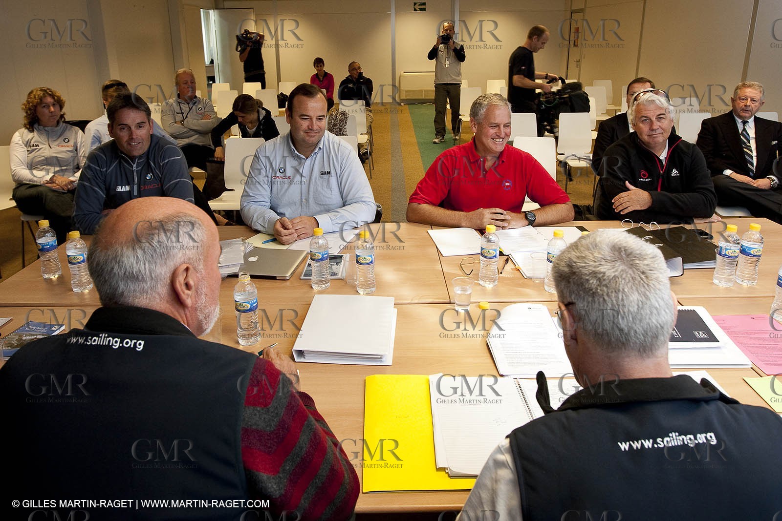 01-02 2010 - Valencia (ESP) - 33rd America's Cup - BMW ORACLE Racing - 1st february jury hearing  - l. to r. : Russell Coutts - Richard Slater - Hamish Ross - Brad Butterworth. backs : Brian Willis - David Tillett