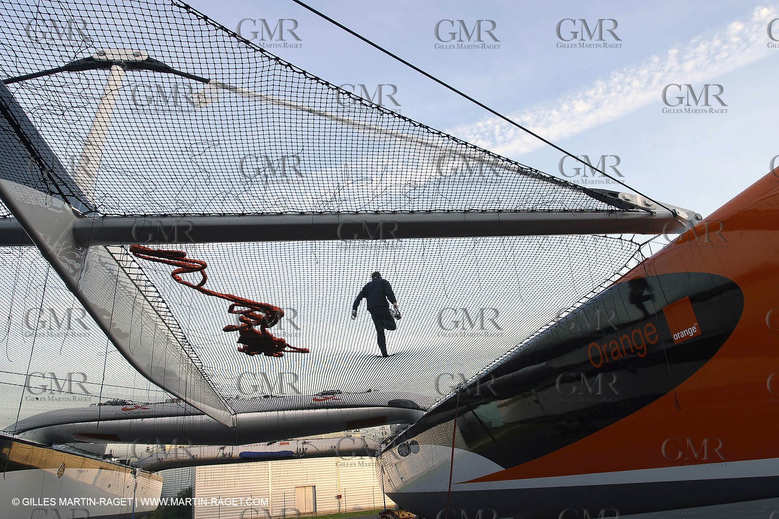Vannes - Multiplast Boatyard - Orange II going out of the shed