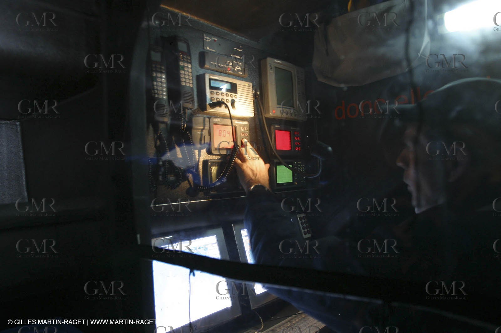 Lorient -Orange II - First sea trials - onboard - at night - Roger Nilson at the navstation