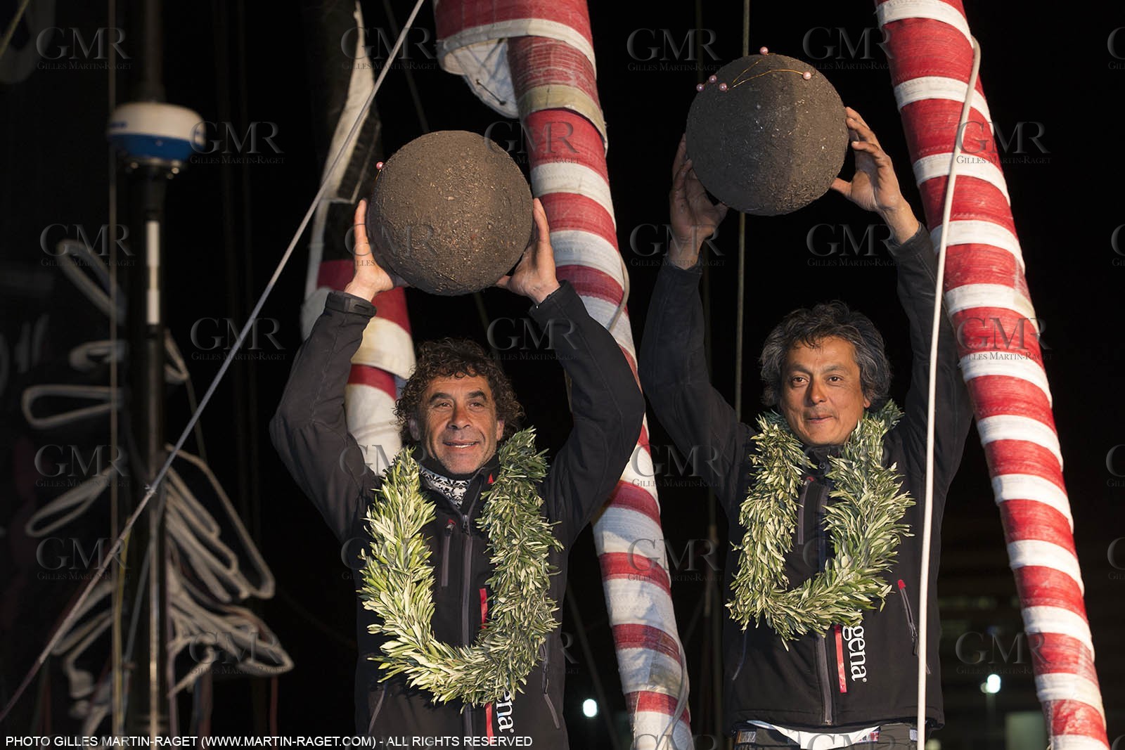 30 03 2015, Barcelona (ESP), Barcelona World Race 2014-15, Neutrogena (Guillermo Altadill, José Muñoz) arrival in 2nd place.
