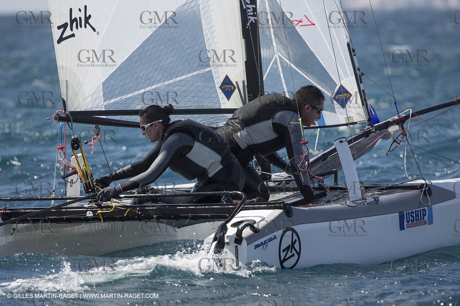26 03 2013 - Marseille (FRA,13) - Ingrid Petitjean et Olivier backes training on their Nacra 17 in breezy conditions