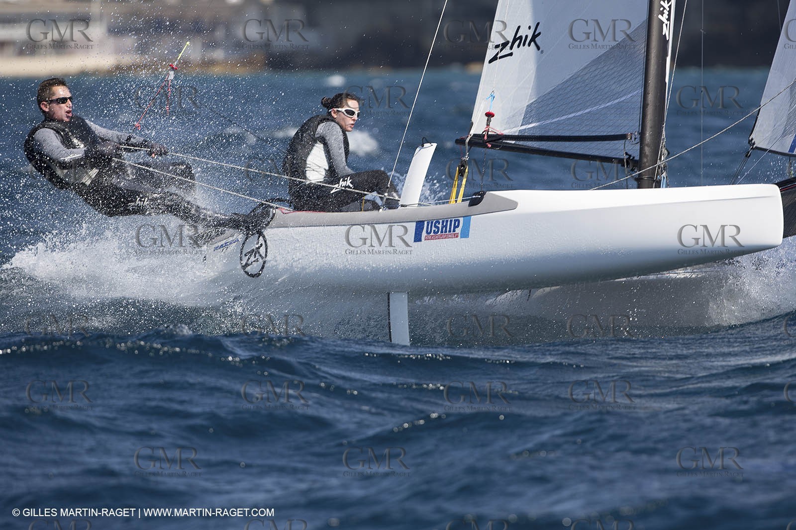 26 03 2013 - Marseille (FRA,13) - Ingrid Petitjean et Olivier backes training on their Nacra 17 in breezy conditions