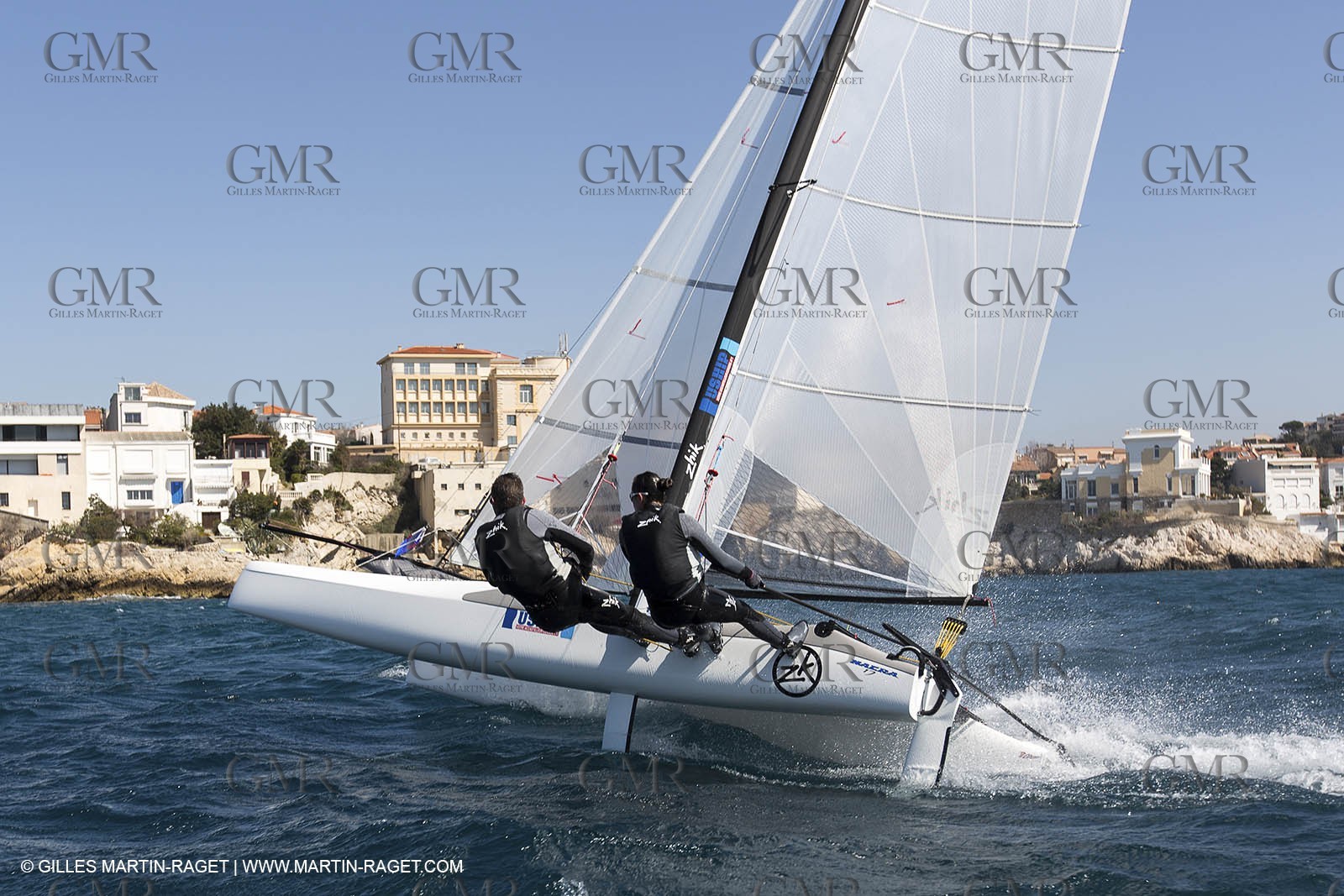 26 03 2013 - Marseille (FRA,13) - Ingrid Petitjean et Olivier backes training on their Nacra 17 in breezy conditions