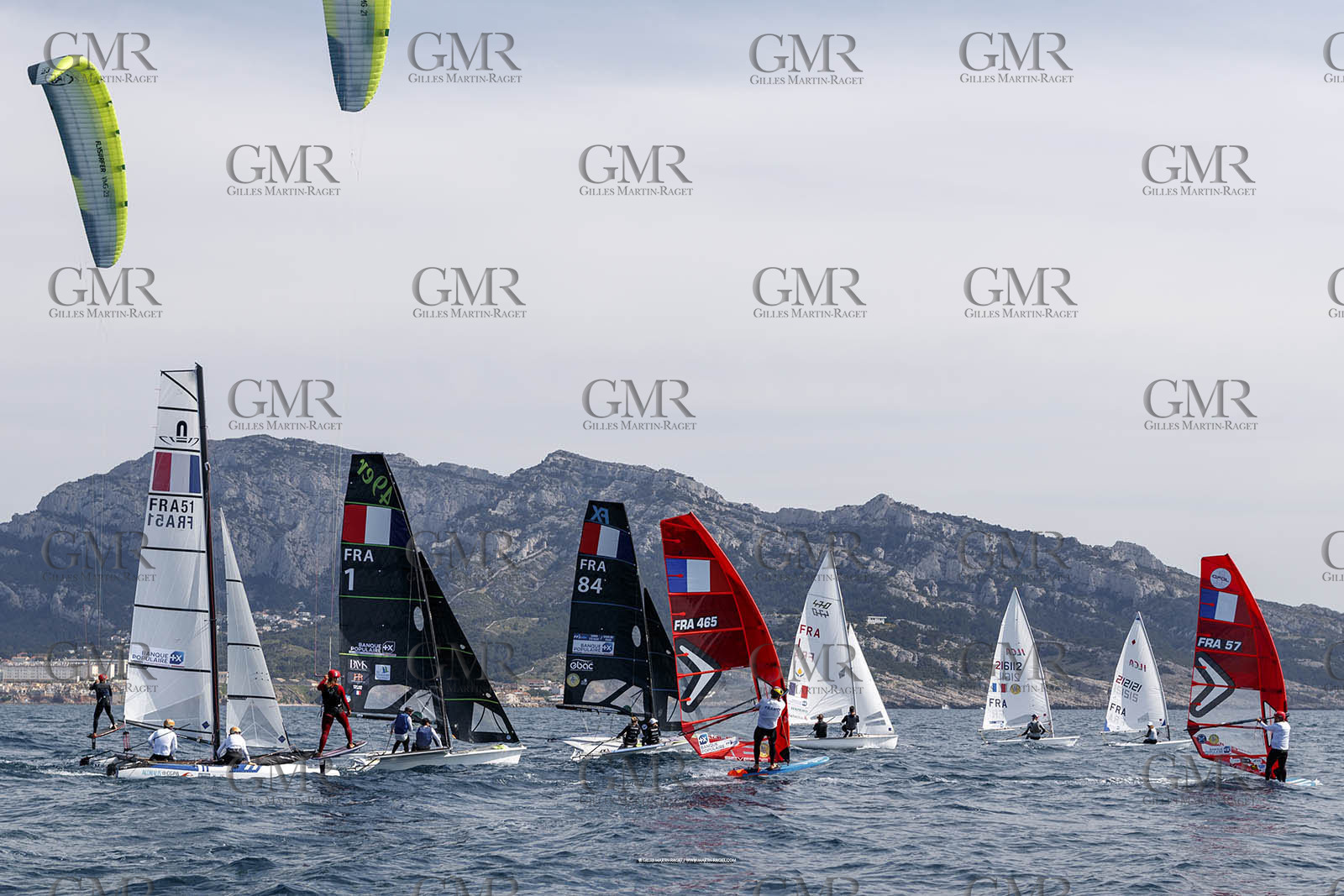 15 04 2024, Marseille (FRA), présentation des sélectionnés olympiques français en voile pour les Jeux Olympiques de Paris 2024.  Alex Mazella (Kite hommes - Formula Kite); Laurianne Nolot (Kite femmes - Formula Kite); Nicolas Goyard (Planche à voile hommes - iQFoil); Hélène Noesmoen (Planche à voile femmes- iQFoil); Camille Lecointre-Jeremie Mion (dériveur double mixte - 470); Louise Cervera (Dériveur femmes - ILCA 6); Jean-Baptiste Bernaz (Dériveur hommes - ILCA 7); Tim Mourniac - Lou Berthomieu (Multicoque mixte - Nacra 17); Clément Péquin - Erwan Fischer (Skiff hommes - 49er); Sarah Steyaert-Charline Picon (Skiff femmes - 49er FX).