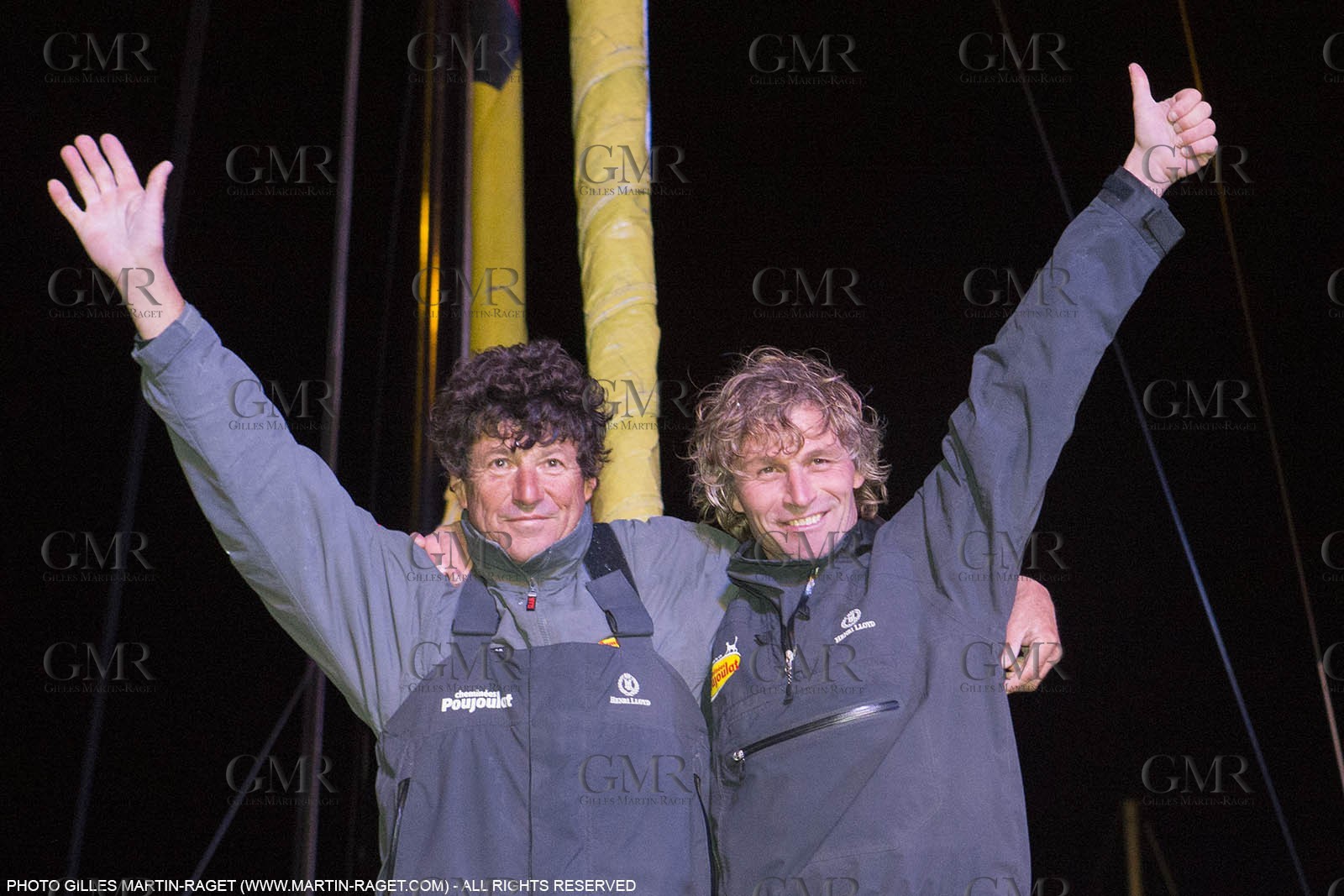 25 03 2015, Barcelona (ESP), Barcelona World Race 2014-15, Cheminées Poujoulat (Bernard Stamm Jean Le Cam) arrival in 1st place.