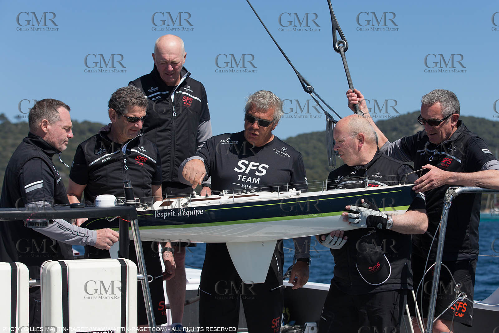 05 05 2016, Porquerolles (FRA,83), Semaine de Porquerolles, célébration des 30 and de lla victoire de l'Esprit d'Equipe dans la Whitbread, l'équipage se retrouve à bord du maxi SFS skippé par Lionel Péan