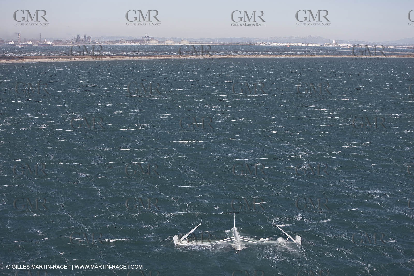 21 12 2008 - Port Saint Louis du Rhône (South of France) - The Hydroptere just after its capsize when trying to beat the overall sailing speed record