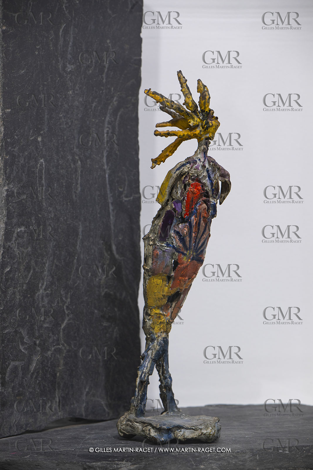 30 10 2023, Montpellier (FRA), oeuvre de Germaine Richier, Exposition Centre Pompidou - Musée Fabre 2023, Le Chardon peint, sur équerre ardoise 1959, (détail) Bronze peint, équerre ardoise, Pièce unique, 46 x 14 x 15 cm, Collection particulière