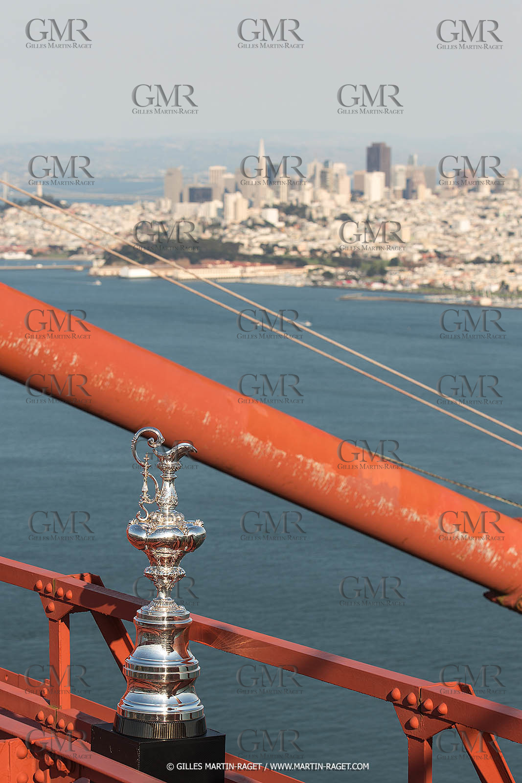 03 07 2013 - San Francisco (USA, CA) - 34th America's Cup - The America's Cup Trophy at the top of Golden Gate Bridge