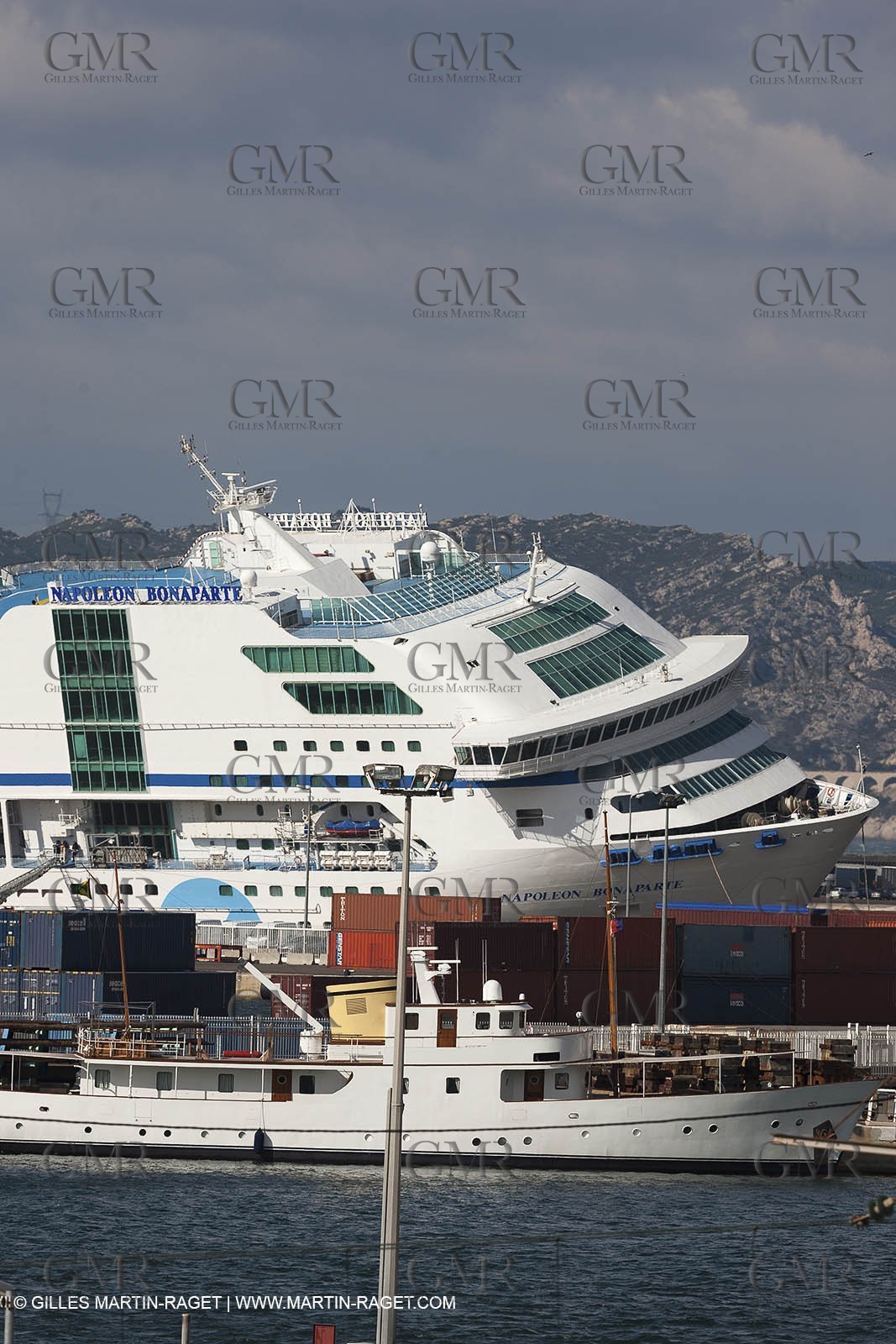 28 10 2012- Marseille (FRA,13) - Mistral force 11 gale - Ferry Napoleon Bonaparte has been damaged after its docking lines broke. The ship hit a quay and 2 watertight compartments have been submersed.