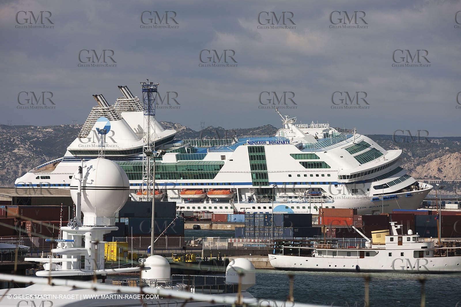28 10 2012- Marseille (FRA,13) - Mistral force 11 gale - Ferry Napoleon Bonaparte has been damaged after its docking lines broke. The ship hit a quay and 2 watertight compartments have been submersed.