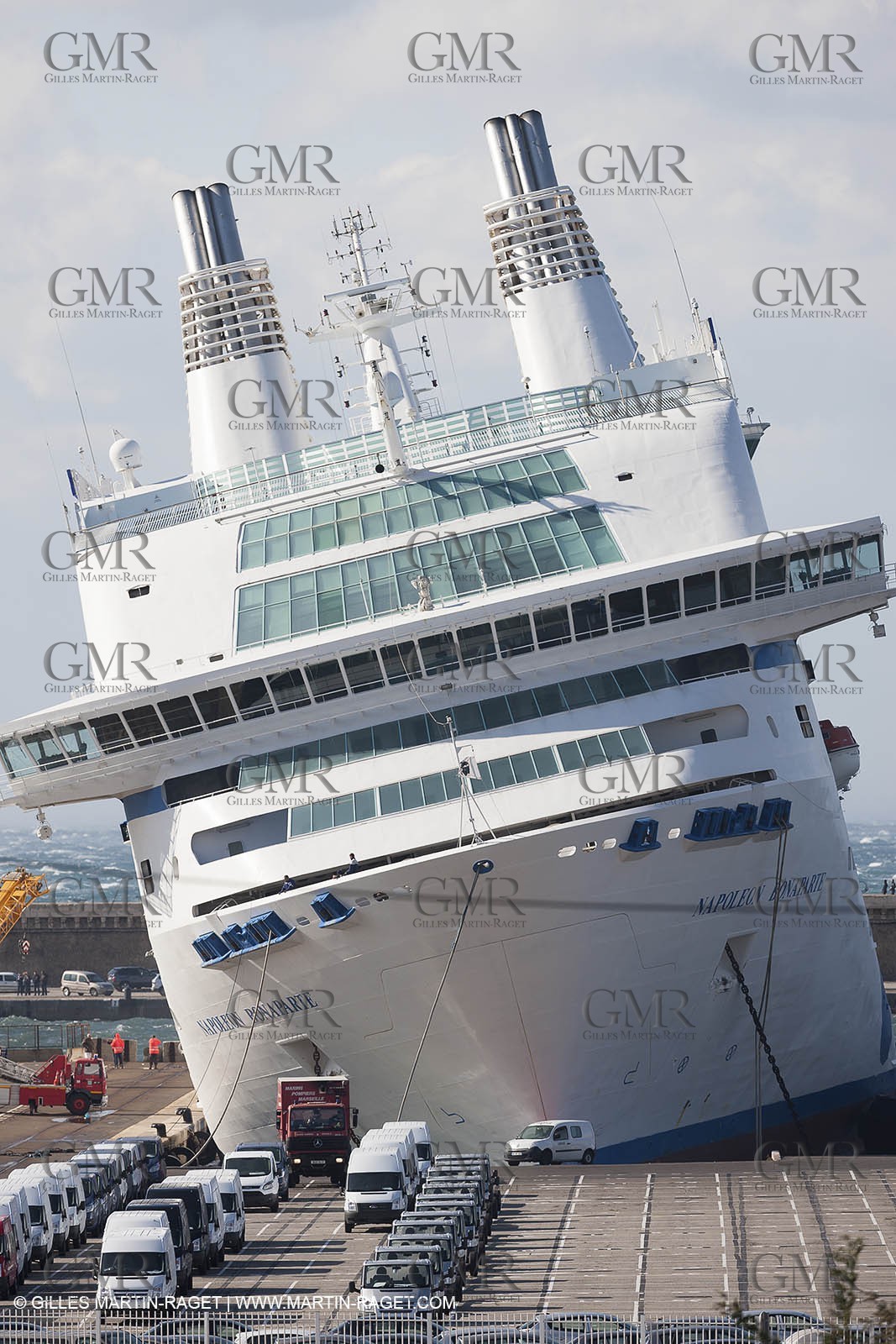 28 10 2012- Marseille (FRA,13) - Mistral force 11 gale - Ferry Napoleon Bonaparte has been damaged after its docking lines broke. The ship hit a quay and 2 watertight compartments have been submersed.