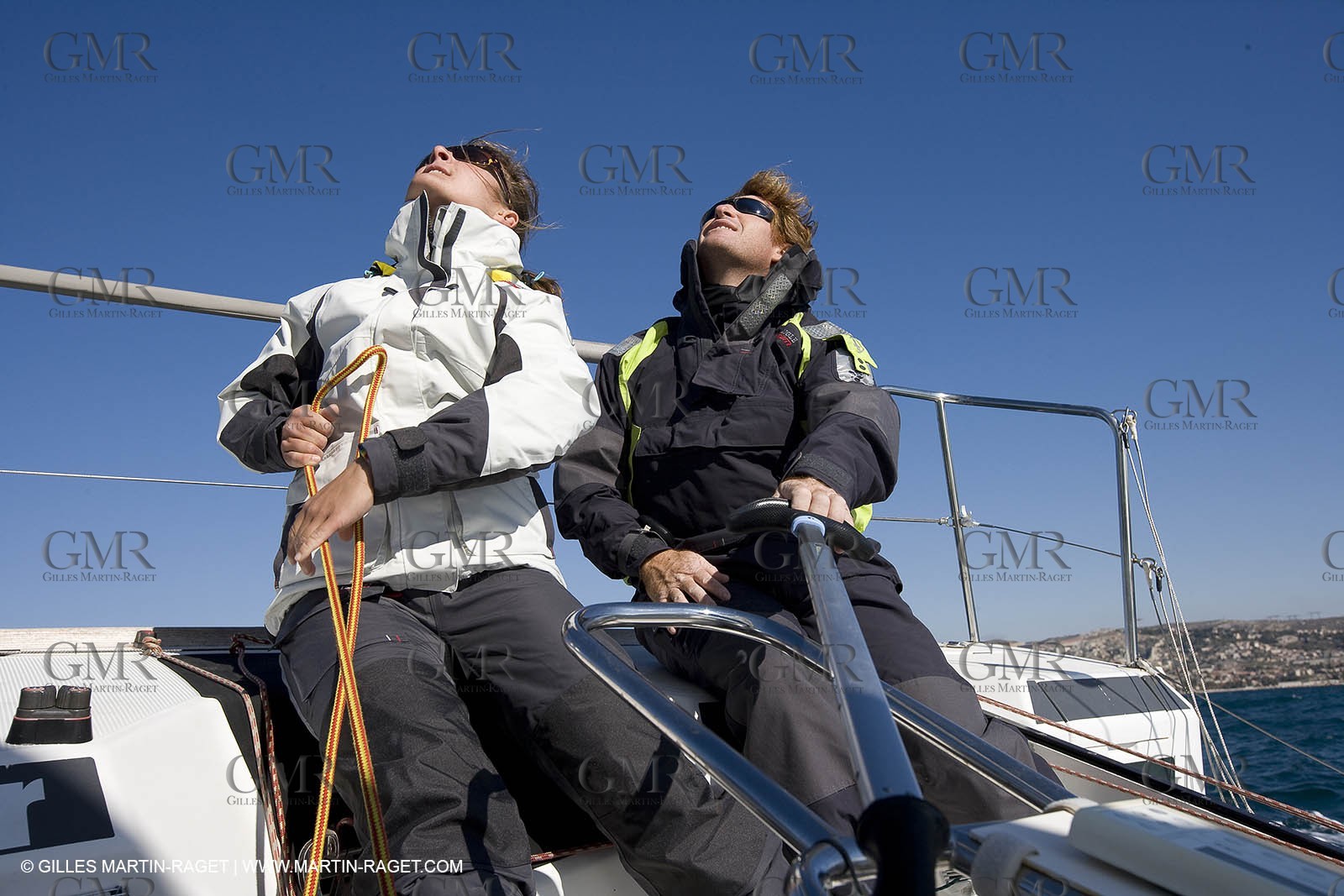 28 09 2007 - Marseille (FRA, 13) - Aigle Marine weather clothing showed in action by salors Marc Emig et Luce Molinier