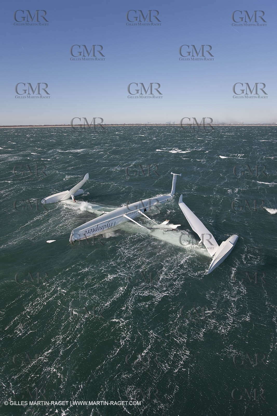 21 12 2008 - Port Saint Louis du Rhône (South of France) - The Hydroptere just after its capsize when trying to beat the overall sailing speed record