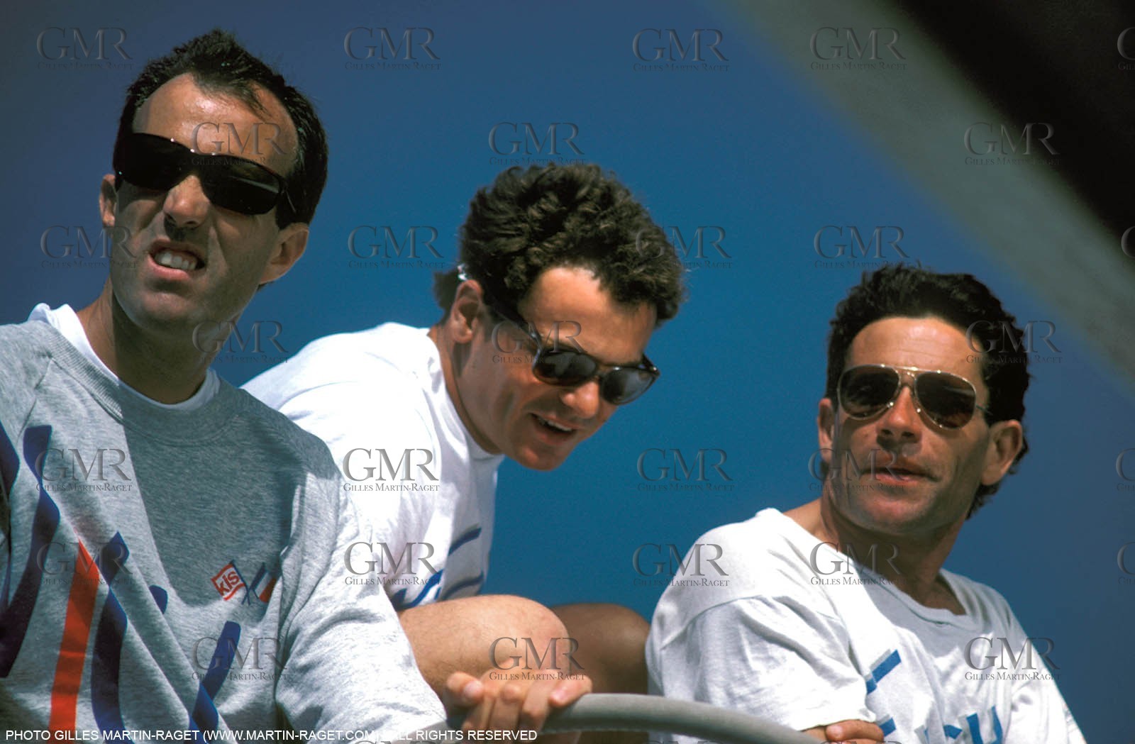 America's Cup, Fremantle 1987, Marc Pajot, Bertrand Pacé, Marc Bouet onboard French Kiss