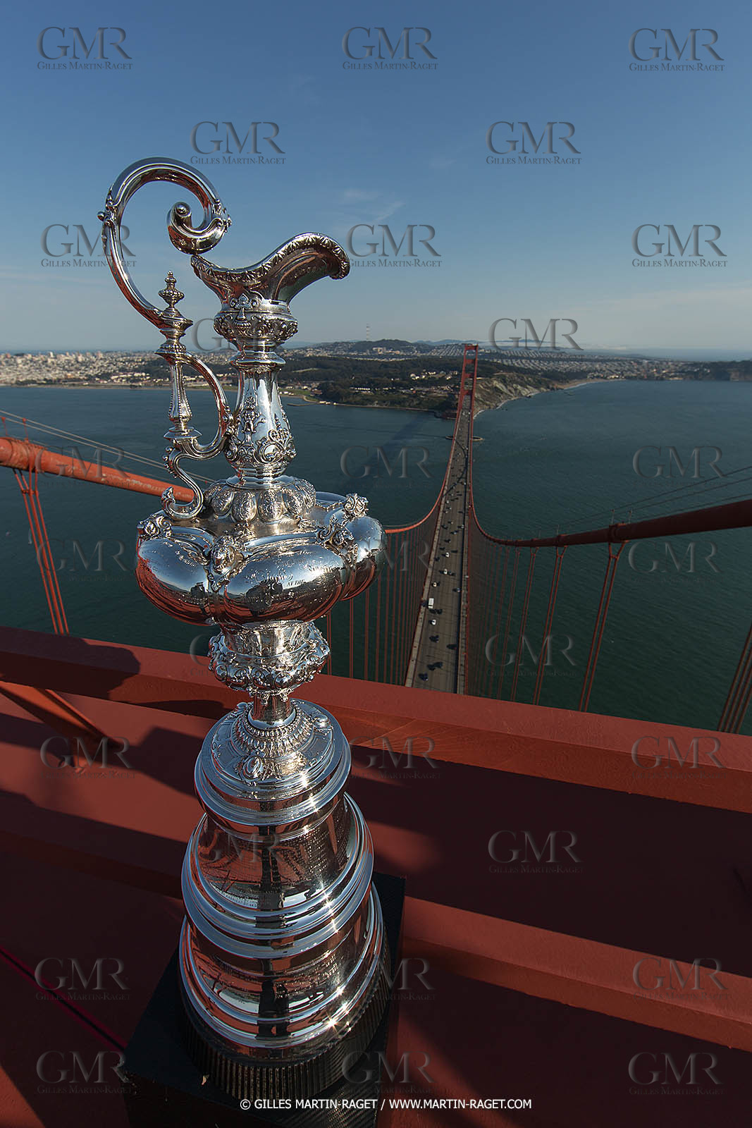 03 07 2013 - San Francisco (USA, CA) - 34th America's Cup - The America's Cup Trophy at the top of Golden Gate Bridge