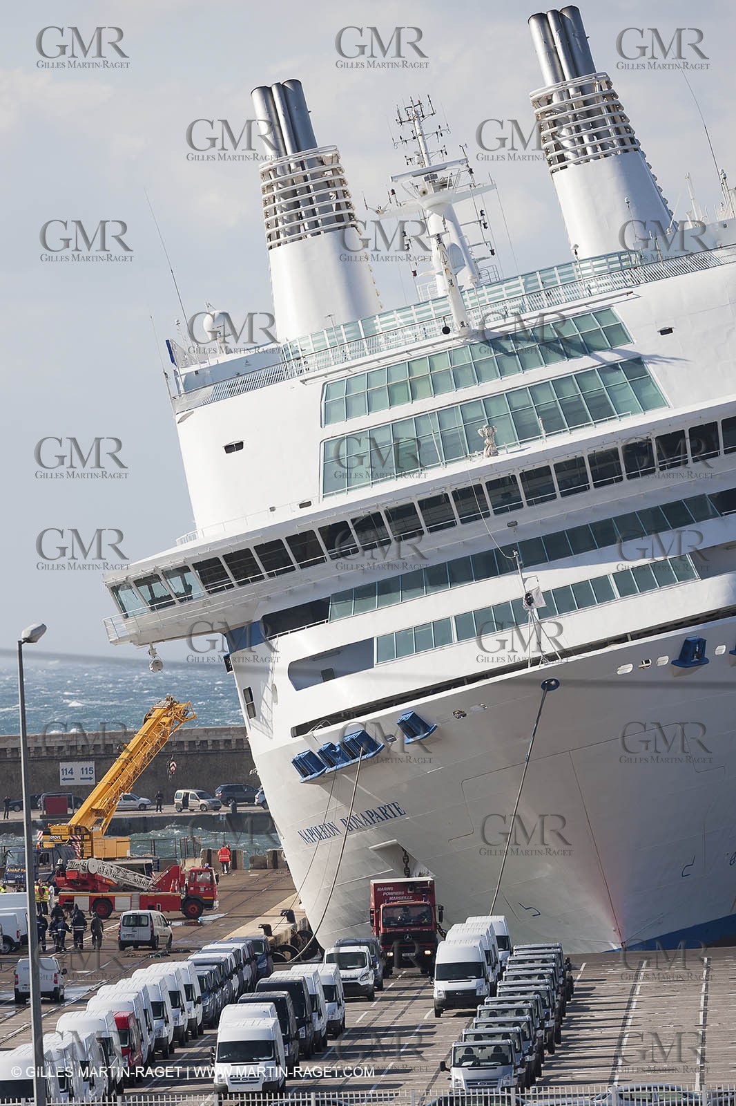 28 10 2012- Marseille (FRA,13) - Mistral force 11 gale - Ferry Napoleon Bonaparte has been damaged after its docking lines broke. The ship hit a quay and 2 watertight compartments have been submersed.