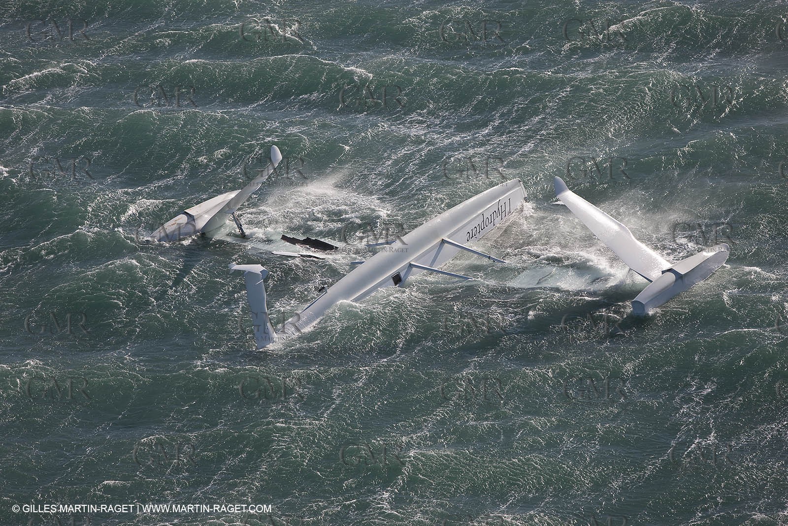 21 12 2008 - Port Saint Louis du Rhône (South of France) - The Hydroptere just after its capsize when trying to beat the overall sailing speed record
