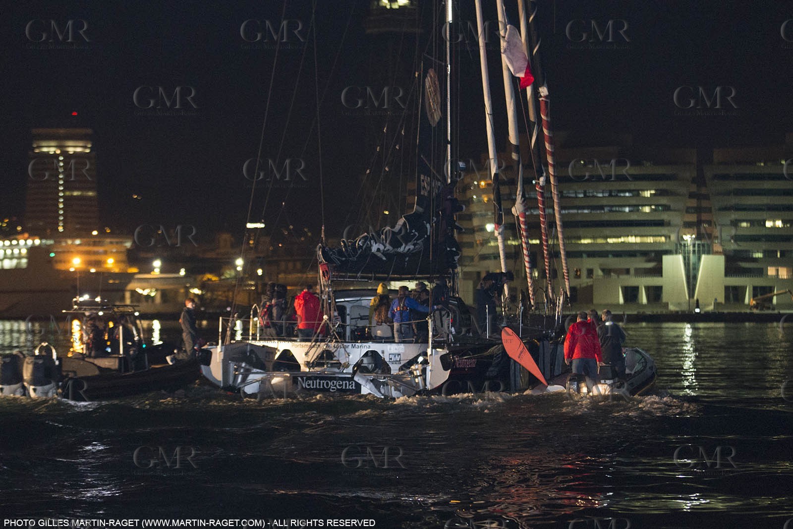 30 03 2015, Barcelona (ESP), Barcelona World Race 2014-15, Neutrogena (Guillermo Altadill, José Muñoz) arrival in 2nd place.