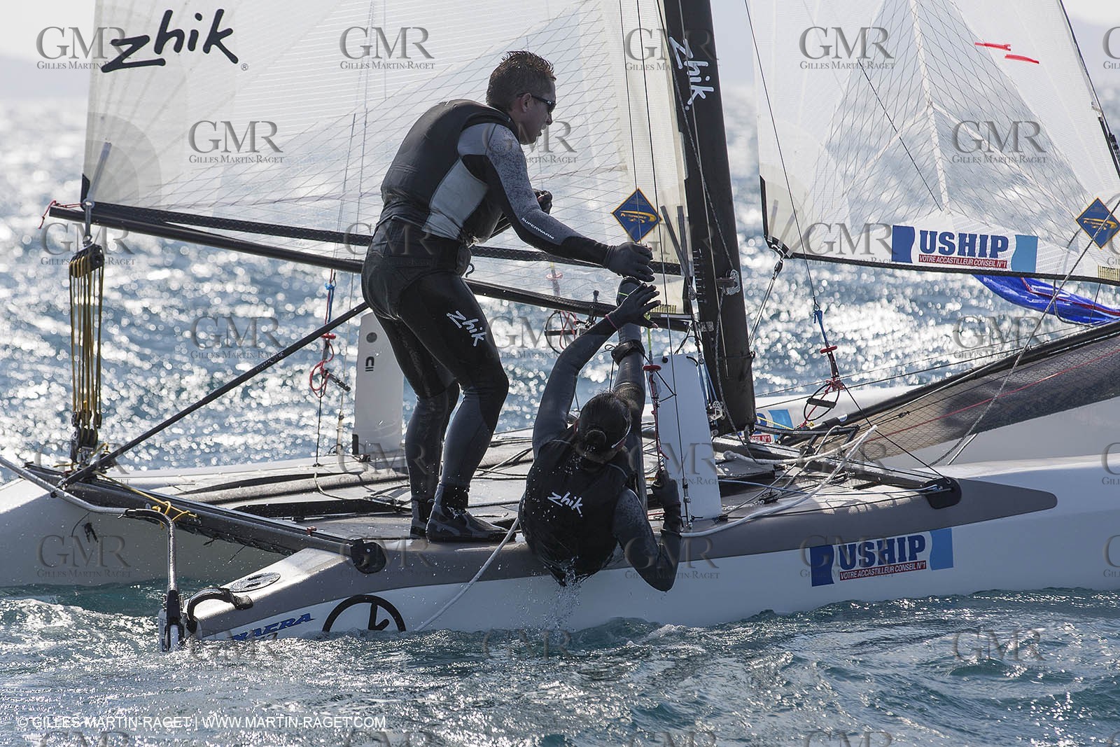 26 03 2013 - Marseille (FRA,13) - Ingrid Petitjean et Olivier backes training on their Nacra 17 in breezy conditions