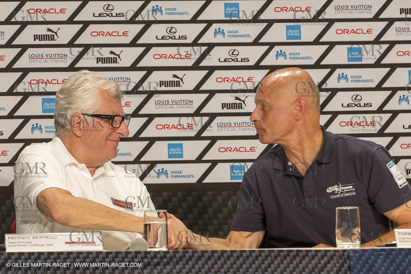 10 08 2013 - San Francisco (USA,CA) - 34th America's Cup - Louis Vuitton Cup - Semi-finals - Luna Rossa vs Artemis Racing - Race 4 - Press conference - Patrizio Bertelli (Luna Rossa) - Torbjorn Tornquvist (Artemis Racing)