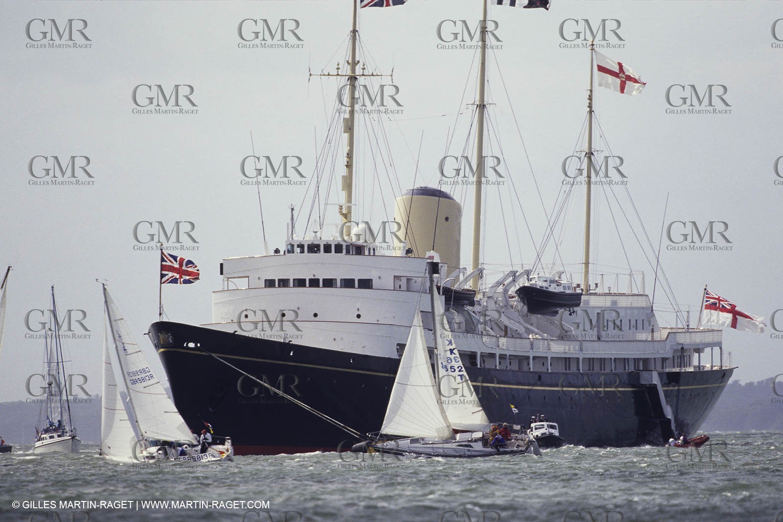Classic motor yachts - Britannia moored in the Solent off Cowes during the Cowes Week