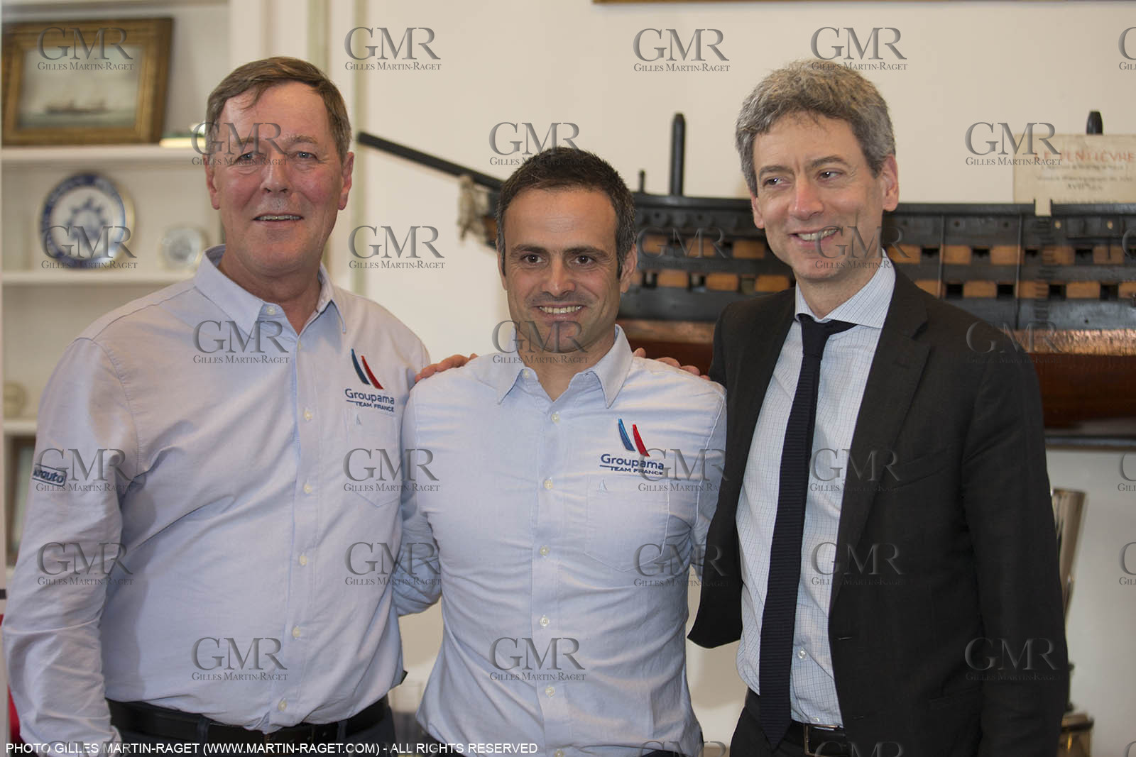 22 02 2016, Paris (FRA), 35th America's Cup, Groupama Team France announces Norauto as official partner at Yacht Club de France,  Thibault Derville (Norauto), Franck Cammas, Sylvain Burel (Dir. Com. Groupama)