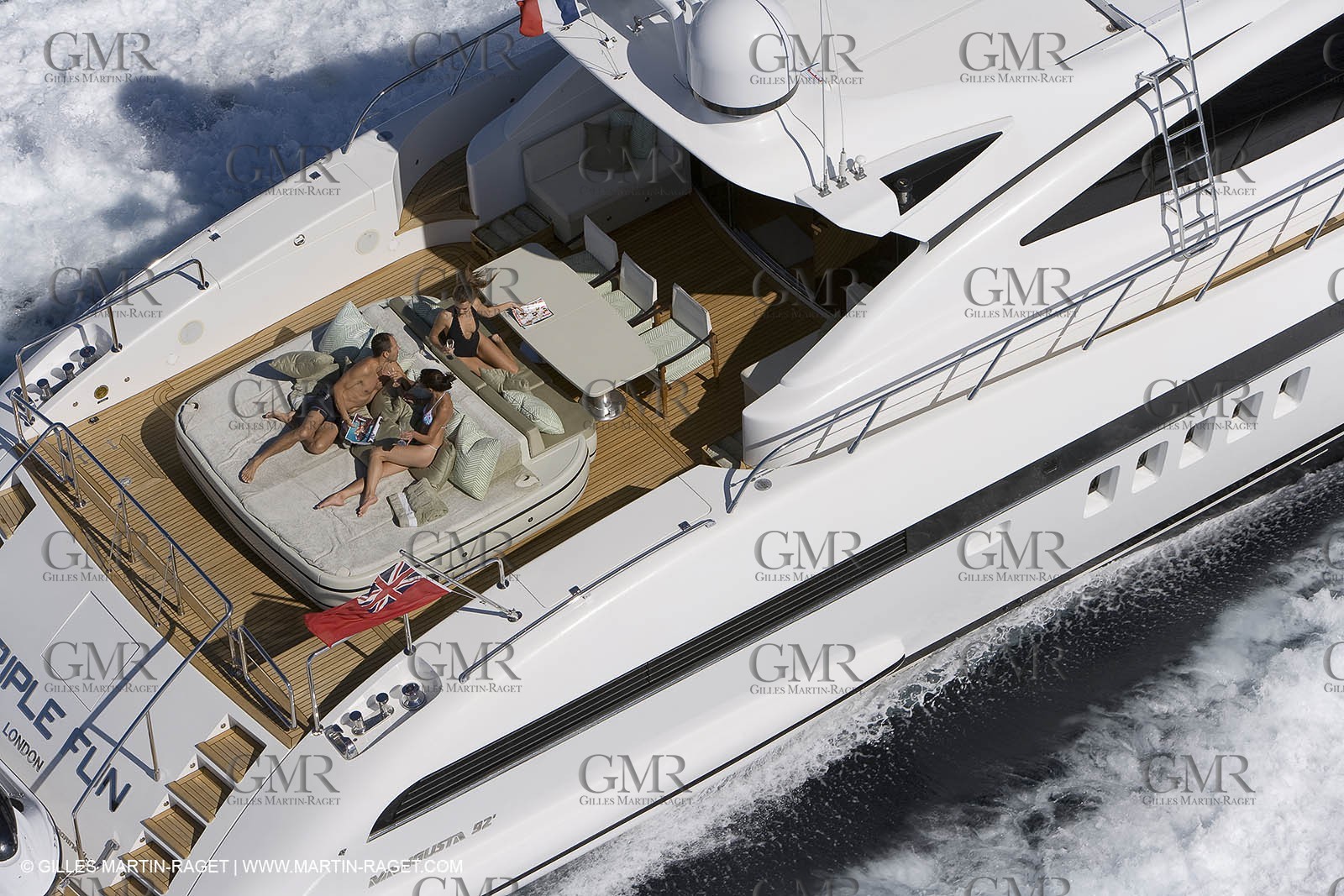 06 09 2007 - Saint Tropez (FRA, 83) - Superyachts - Motoryachts - Mangusta 92 Triple Fun in Saint Tropez - Mooring at Club 55 at Pampelonne Beach