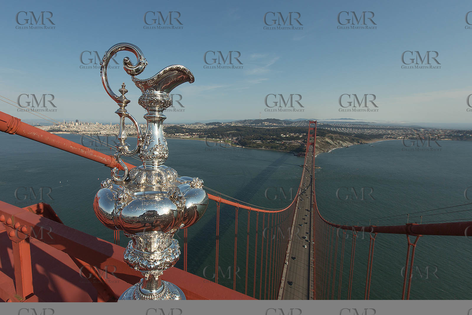 03 07 2013 - San Francisco (USA, CA) - 34th America's Cup - The America's Cup Trophy at the top of Golden Gate Bridge