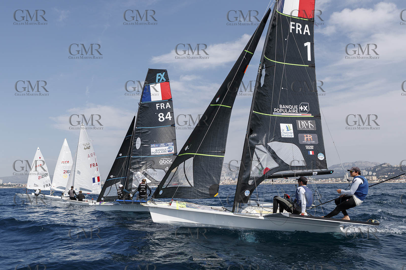 15 04 2024, Marseille (FRA), présentation des sélectionnés olympiques français en voile pour les Jeux Olympiques de Paris 2024.  Alex Mazella (Kite hommes - Formula Kite); Laurianne Nolot (Kite femmes - Formula Kite); Nicolas Goyard (Planche à voile hommes - iQFoil); Hélène Noesmoen (Planche à voile femmes- iQFoil); Camille Lecointre-Jeremie Mion (dériveur double mixte - 470); Louise Cervera (Dériveur femmes - ILCA 6); Jean-Baptiste Bernaz (Dériveur hommes - ILCA 7); Tim Mourniac - Lou Berthomieu (Multicoque mixte - Nacra 17); Clément Péquin - Erwan Fischer (Skiff hommes - 49er); Sarah Steyaert-Charline Picon (Skiff femmes - 49er FX).