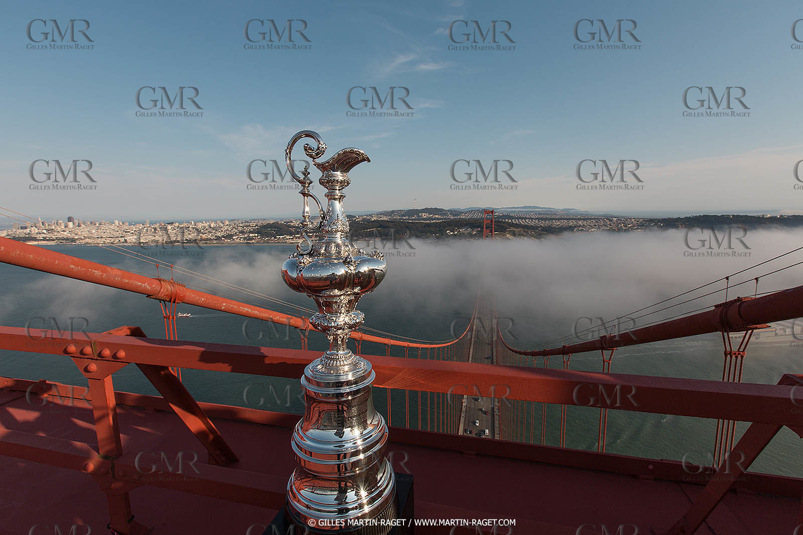 03 07 2013 - San Francisco (USA, CA) - 34th America's Cup - The America's Cup Trophy at the top of Golden Gate Bridge