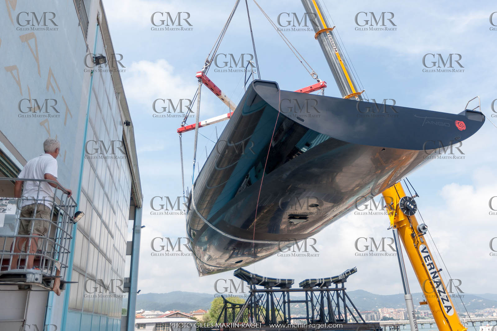 22 07 2017, Savona (ITA), Wally Cento Tango going out of the shed, Photo Gilles Martin-Raget