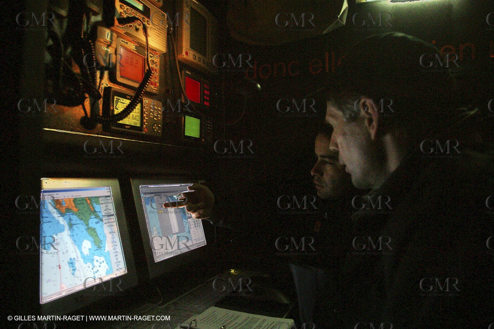 Lorient -Orange II - First sea trials - onboard - at night - Roger Niksson at the navstation