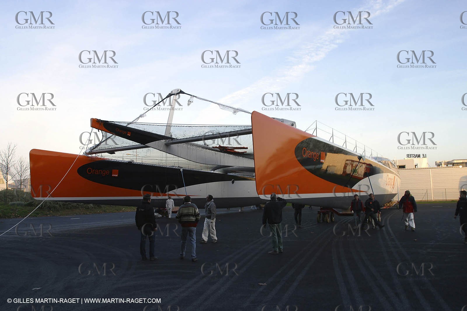 Vannes - Multiplast Boatyard - Orange II going out of the shed