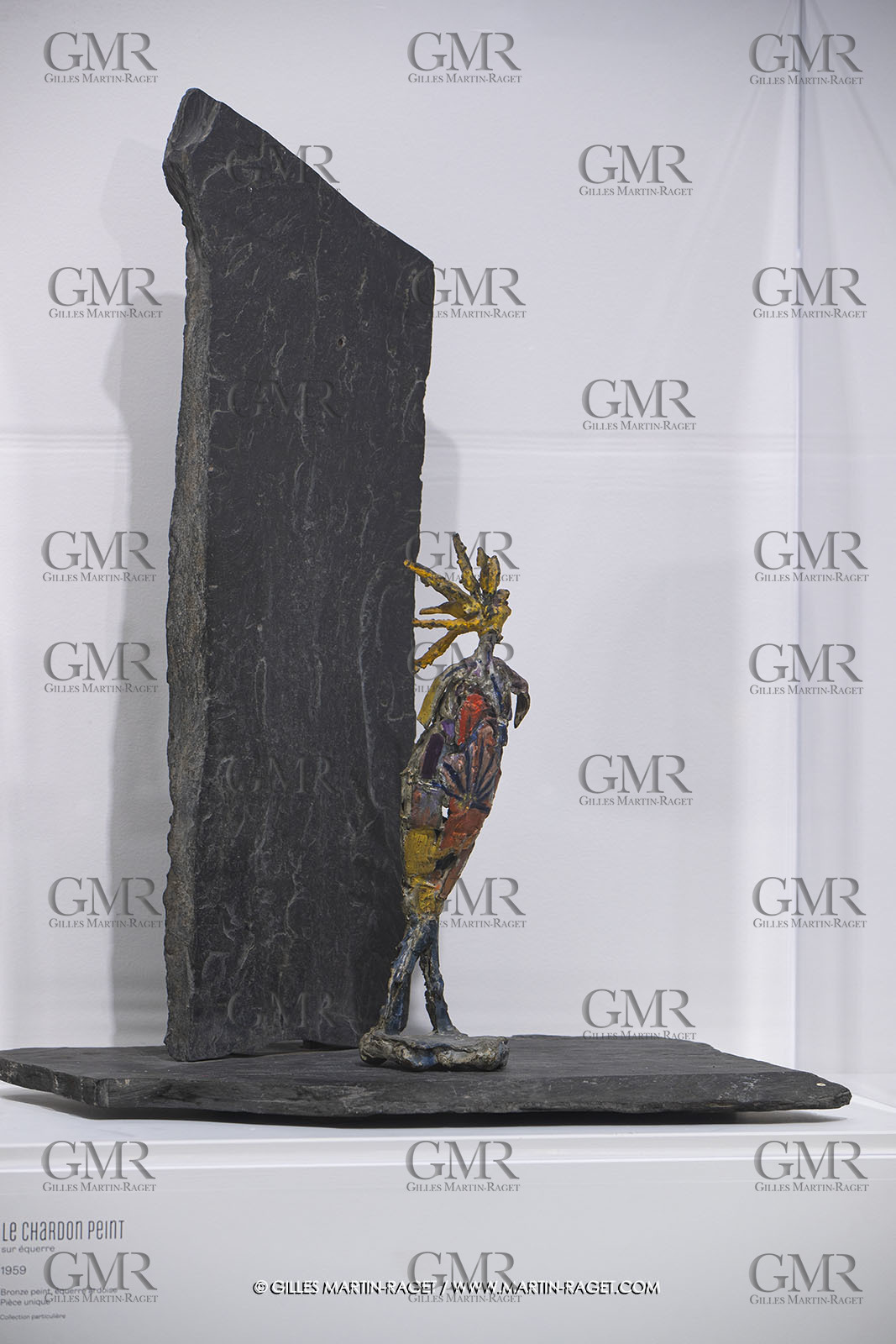 30 10 2023, Montpellier (FRA), oeuvre de Germaine Richier, Exposition Centre Pompidou - Musée Fabre 2023, Le Chardon peint, sur équerre ardoise 1959, Bronze peint, équerre ardoise, Pièce unique, 46 x 14 x 15 cm, Collection particulière