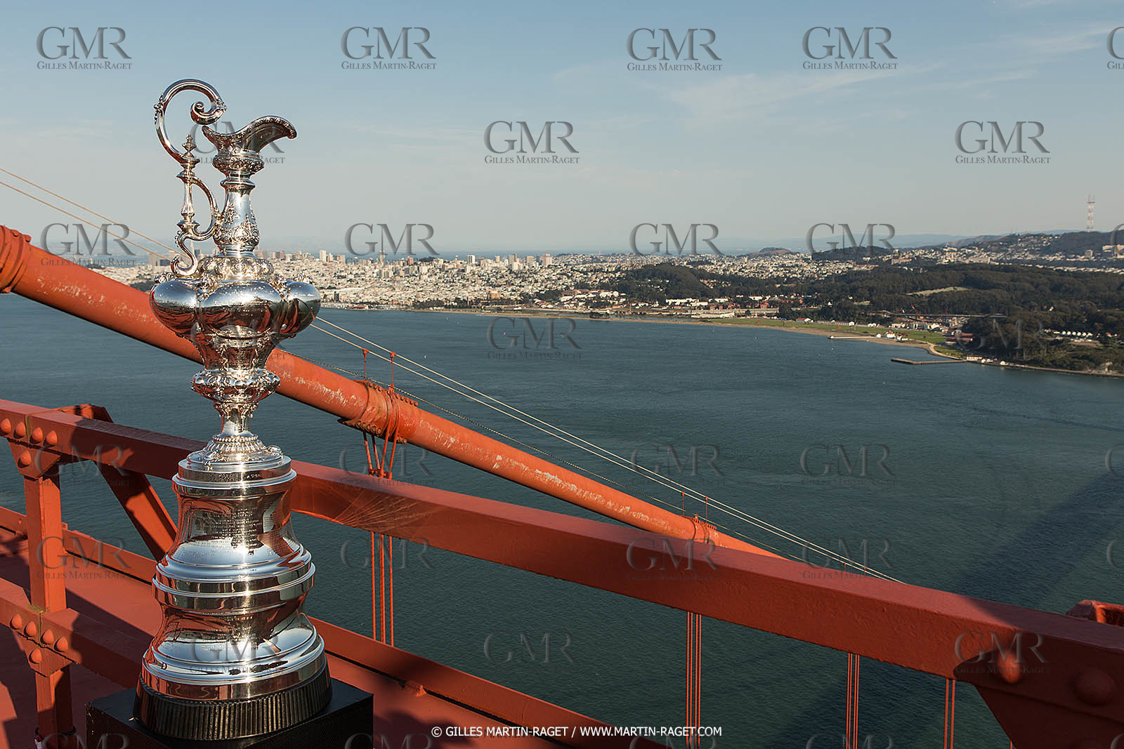 03 07 2013 - San Francisco (USA, CA) - 34th America's Cup - The America's Cup Trophy at the top of Golden Gate Bridge