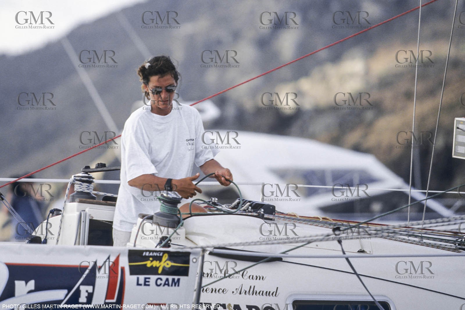Saint Barthelemy, Transat AG2R 1996, arrivee de Jean Le Cam et Florence Arthaud (2emes)