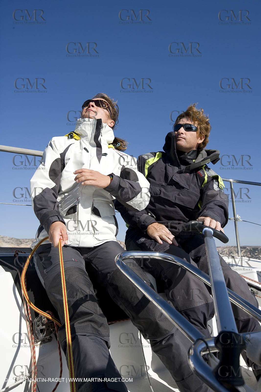 28 09 2007 - Marseille (FRA, 13) - Aigle Marine weather clothing showed in action by salors Marc Emig et Luce Molinier